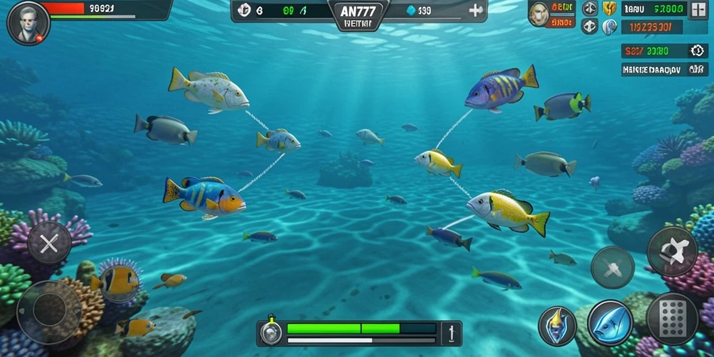 Screenshot gameplay AN777 dengan aksi menembak ikan yang seru.