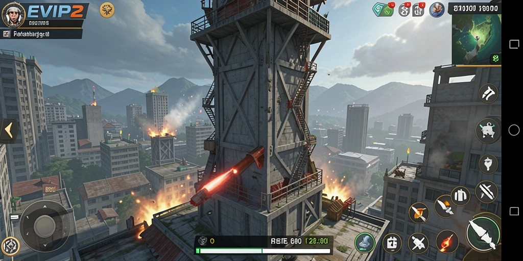 Screenshot gameplay EVIP2 yang menampilkan strategi menara bertahan.
