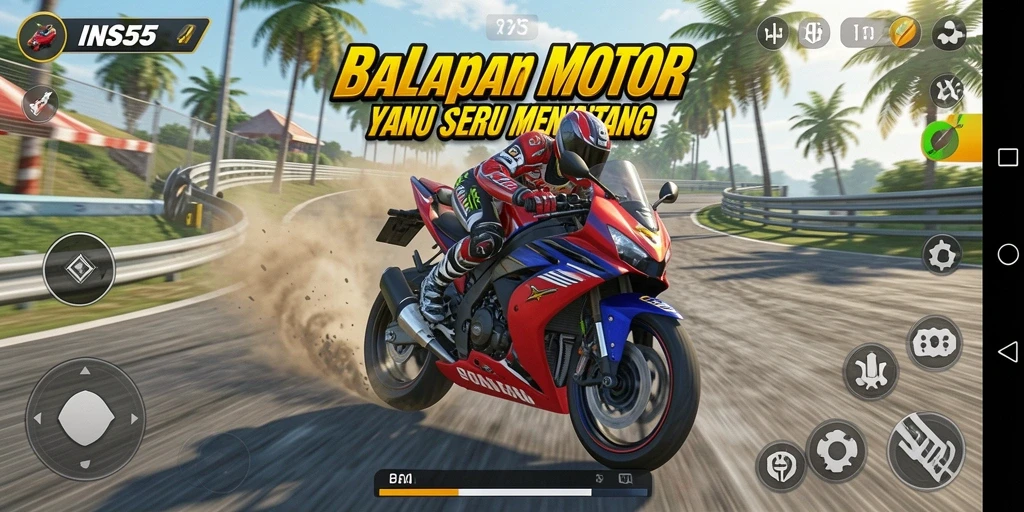 Screenshot INS55 menampilkan aksi balapan motor yang mendebarkan di trek.