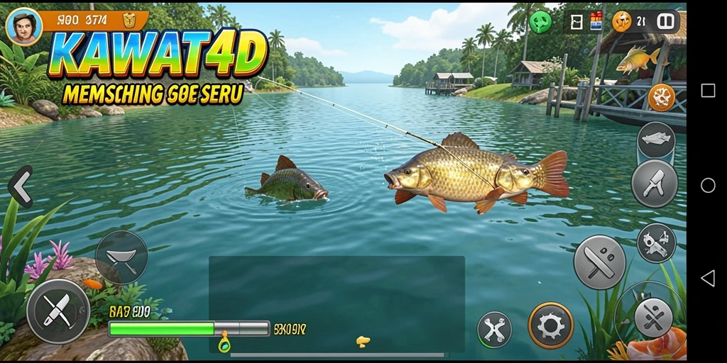 Screenshot menunjukkan pemain menangkap ikan di danau yang indah.