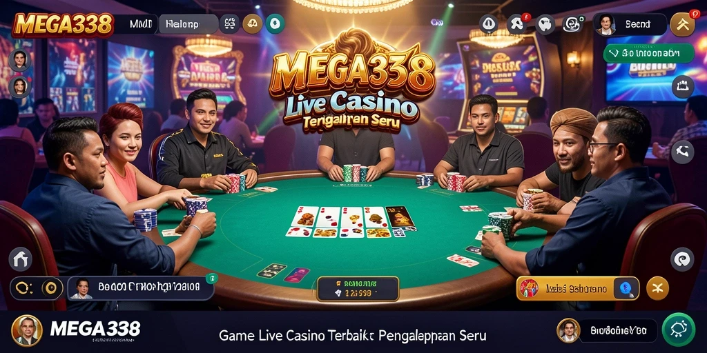 Screenshot gameplay MEGA338 yang menampilkan dealer dan permainan live casino.