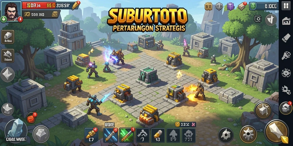 Tangkapan layar gameplay SUBURTOTO dengan menara pertahanan yang strategis.
